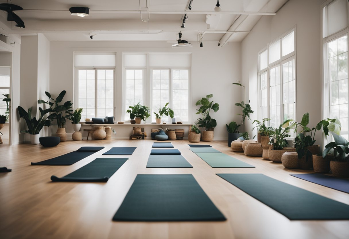 A serene yoga studio with mats and props, a calming atmosphere, and a beginner's class in session