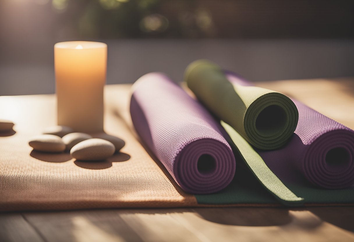 A serene setting with a yoga mat, blocks, and a bolster. Soft lighting and calming colors create a peaceful atmosphere for a Hatha yoga routine