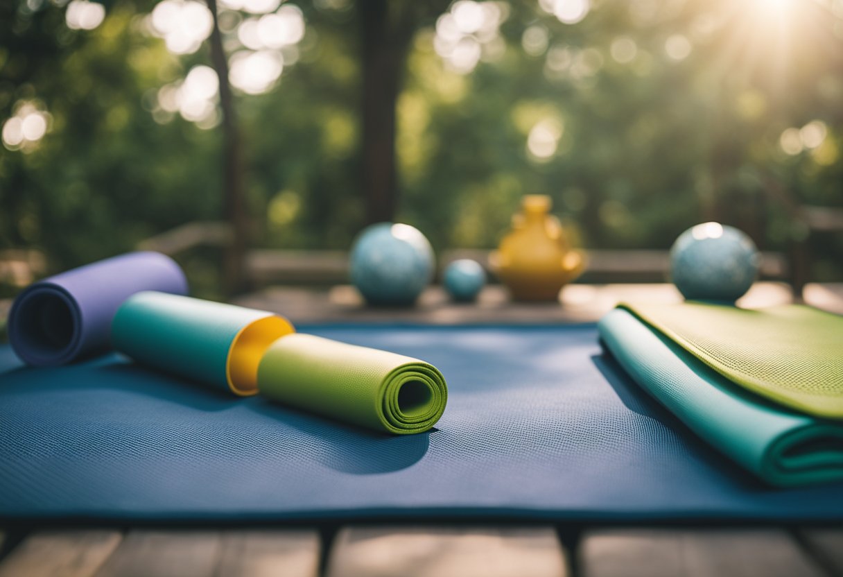 A serene yoga mat with props, a peaceful setting, and safety signs for beginners