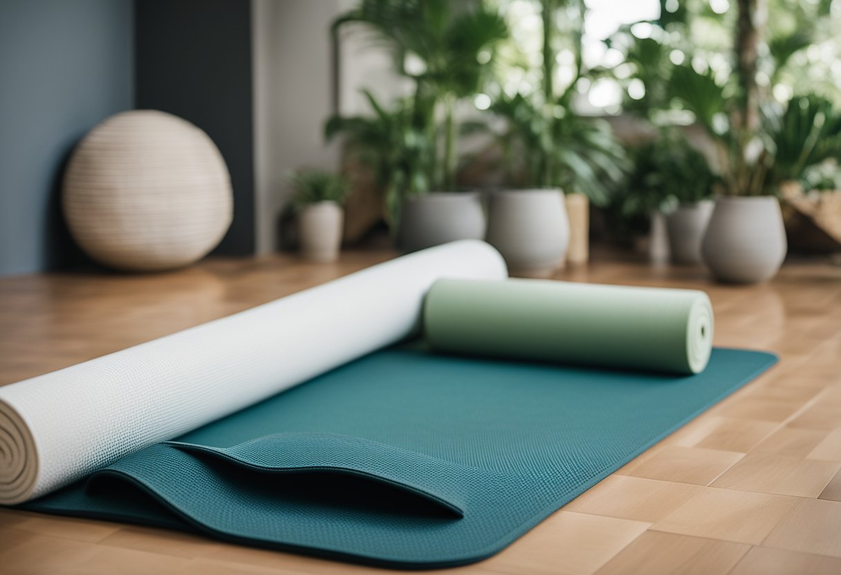 A serene setting with a yoga mat, blocks, and a bolster. A calm, natural atmosphere with soft lighting and greenery