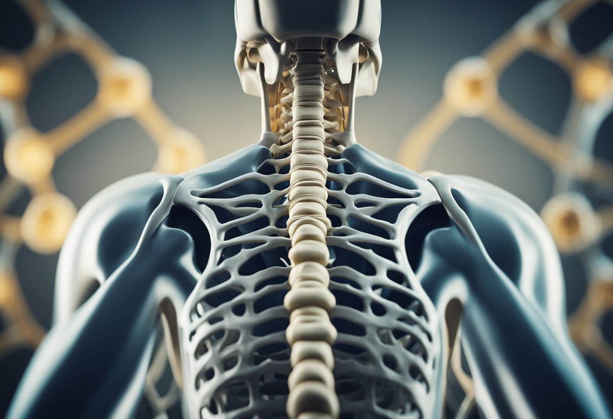 A nerve being compressed between vertebrae, causing pain and numbness