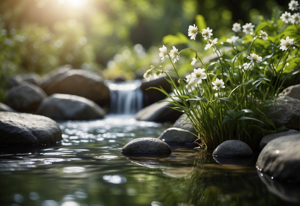 A serene garden with blooming greenery and gentle flowing water, conveying a sense of peace and harmony, representing the release of heart chakra blockages