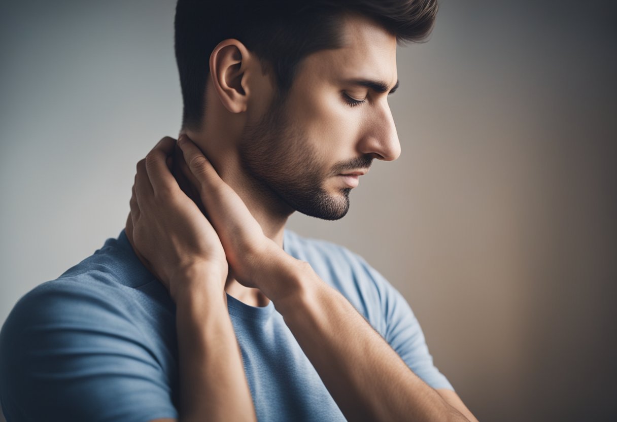 A person experiencing nerve impingement, showing discomfort and pain in the neck and shoulder area