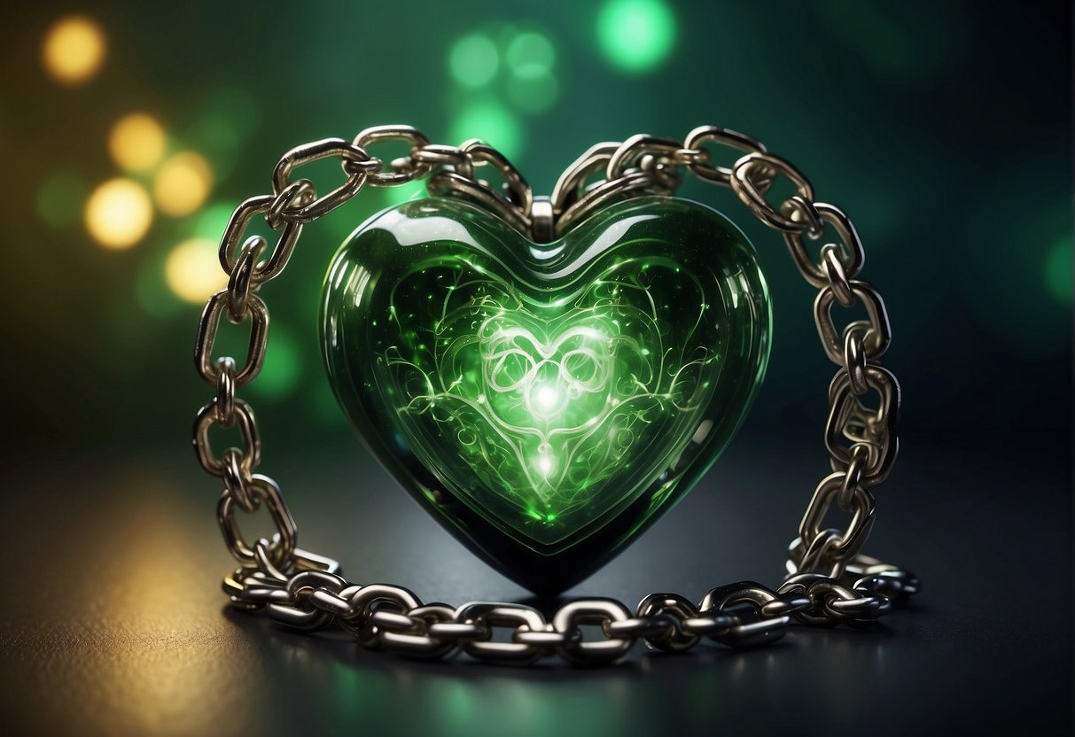 A glowing green heart surrounded by swirling energy, with chains breaking and releasing the flow of energy