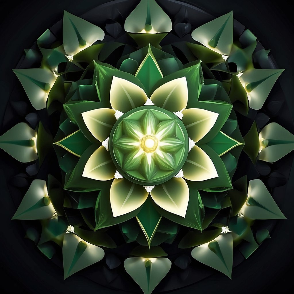 A glowing green lotus flower with twelve petals surrounded by a circular pattern of intersecting triangles, representing the HerzChakra symbol