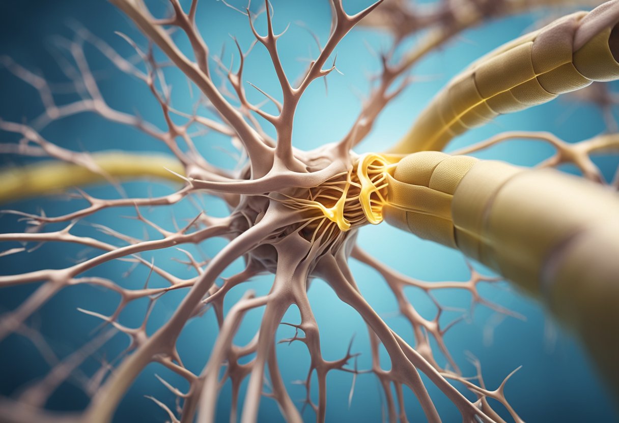 A nerve being pinched, causing symptoms, depicted in a prevention and self-management atlas